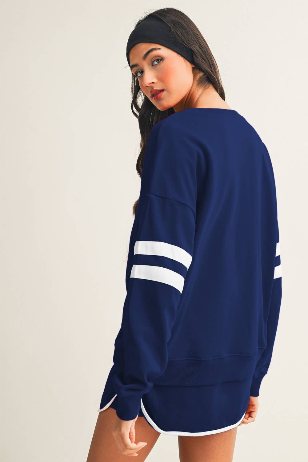Stripe Detail Drop Shoulder Pullover Mini Skirt Set