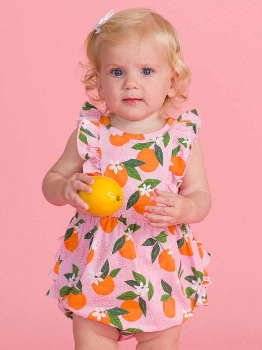 Baby Girls Orange You The Sweetest Sleeveless Waterfall Bubble Romper with Signature Rear Ruffles
