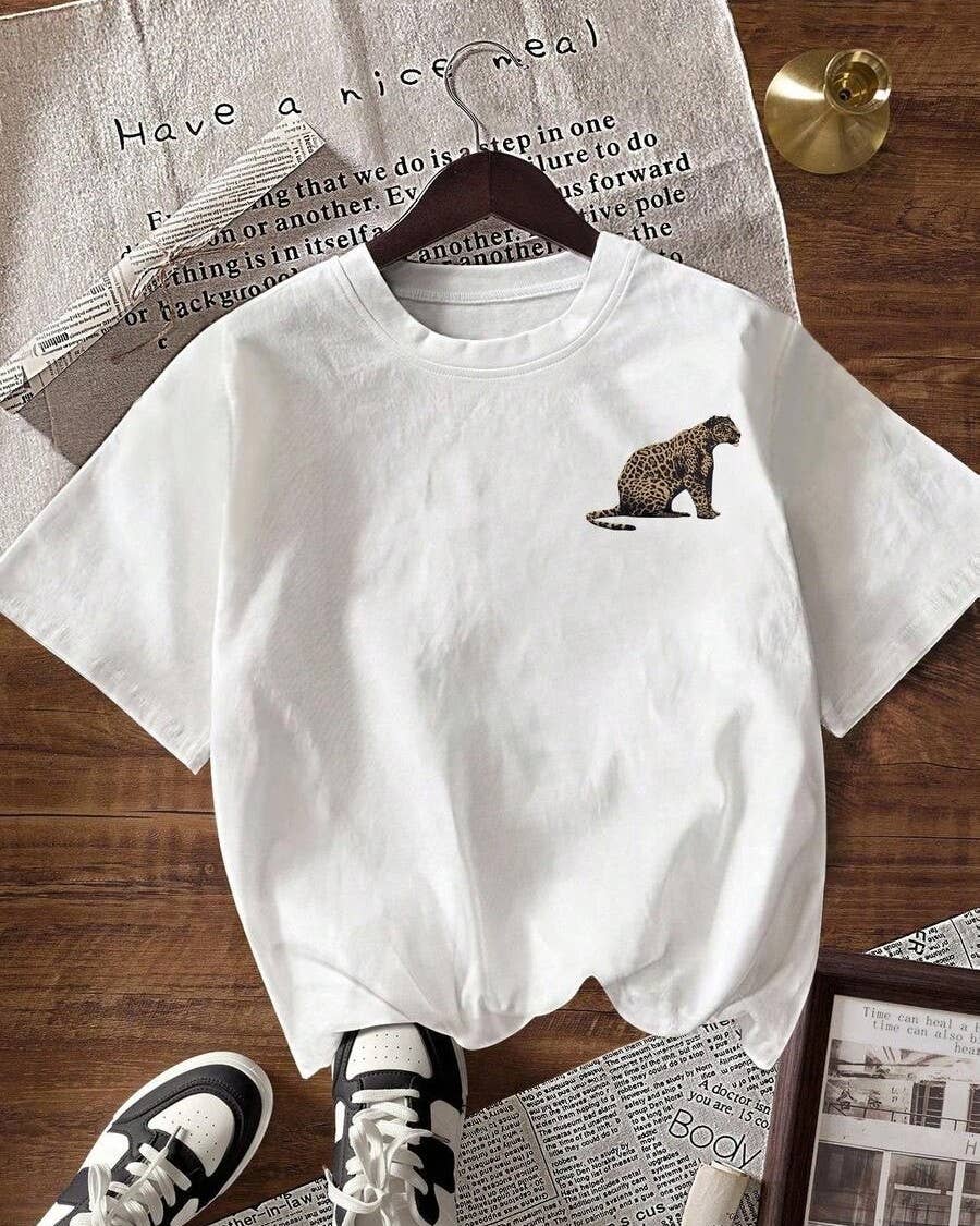 Vintage Leopard Print Graphic Crew Neck Short Sleeve Tee