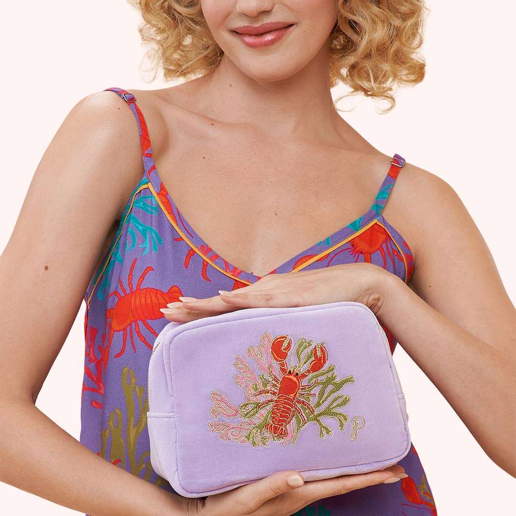 Velvet Embroidered Make Up Bag - Lobster Buddies, Lavender