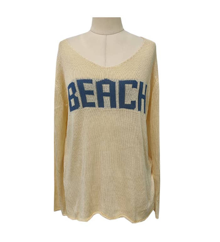 "Beach" Letter Print V-Neck Hollow Knit Blouse