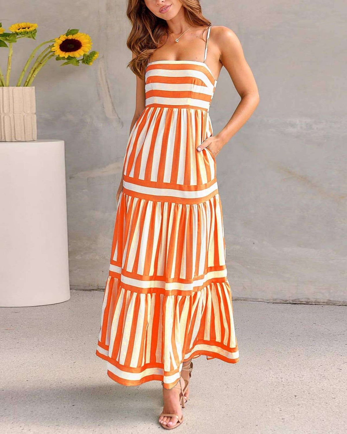 Horizontal And Vertical Stripe Print Slip Backless Dress