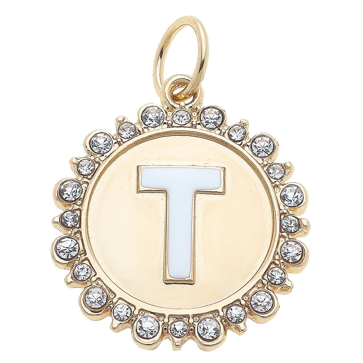Rhinestone Letter Disc Charm in Shiny Gold