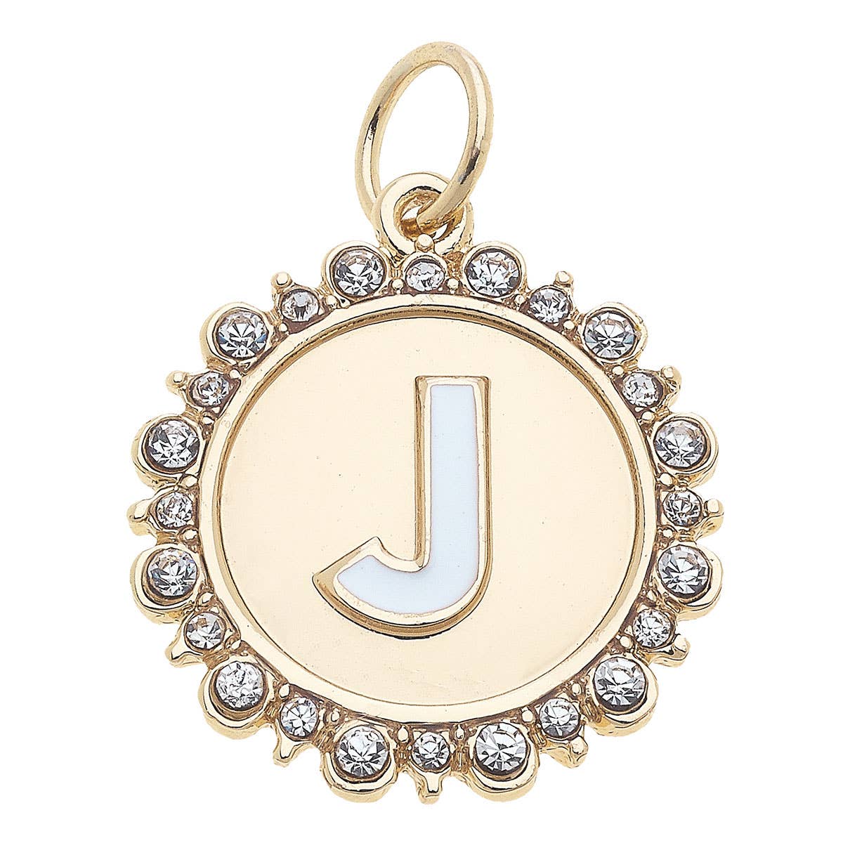 Rhinestone Letter Disc Charm in Shiny Gold