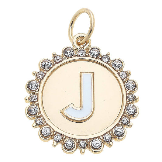 Rhinestone Letter Disc Charm in Shiny Gold