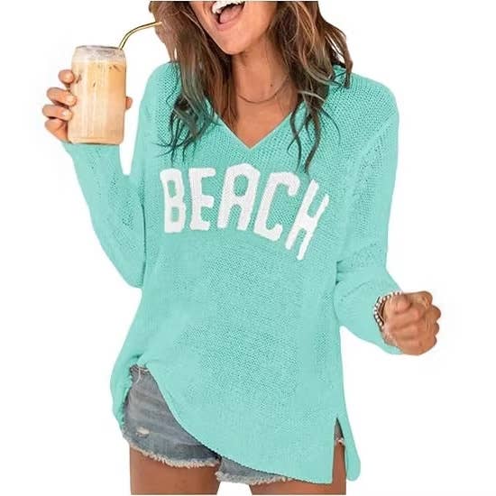 "Beach" Letter Print V-Neck Hollow Knit Blouse