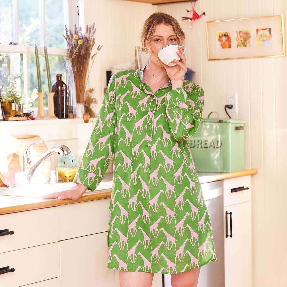 Giraffe Pink Green Cotton Night Shirt