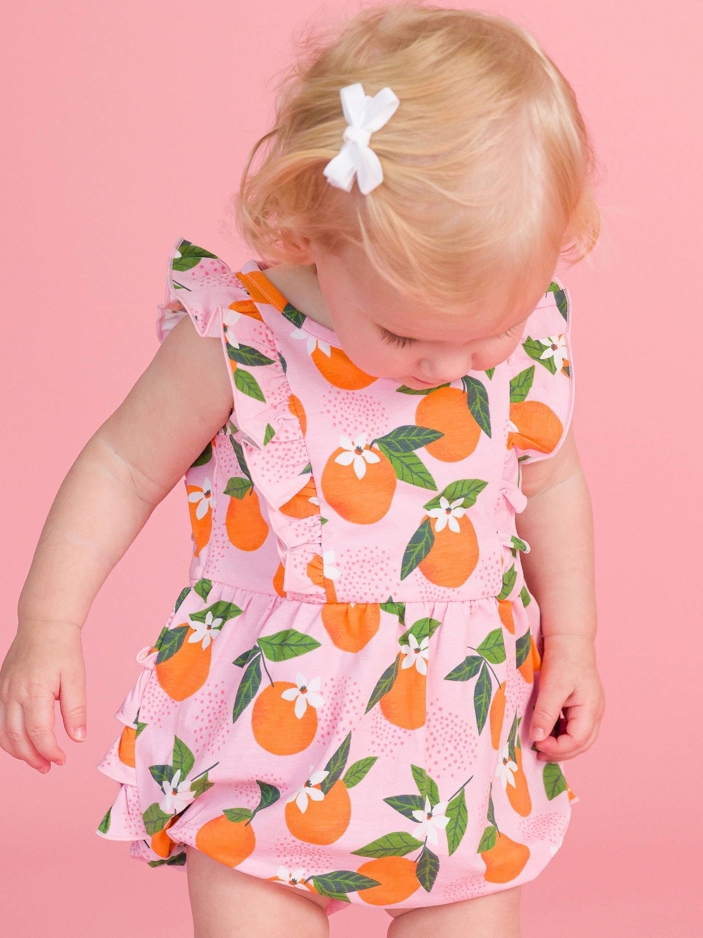 Baby Girls Orange You The Sweetest Sleeveless Waterfall Bubble Romper with Signature Rear Ruffles