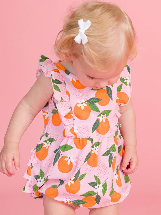 Baby Girls Orange You The Sweetest Sleeveless Waterfall Bubble Romper with Signature Rear Ruffles
