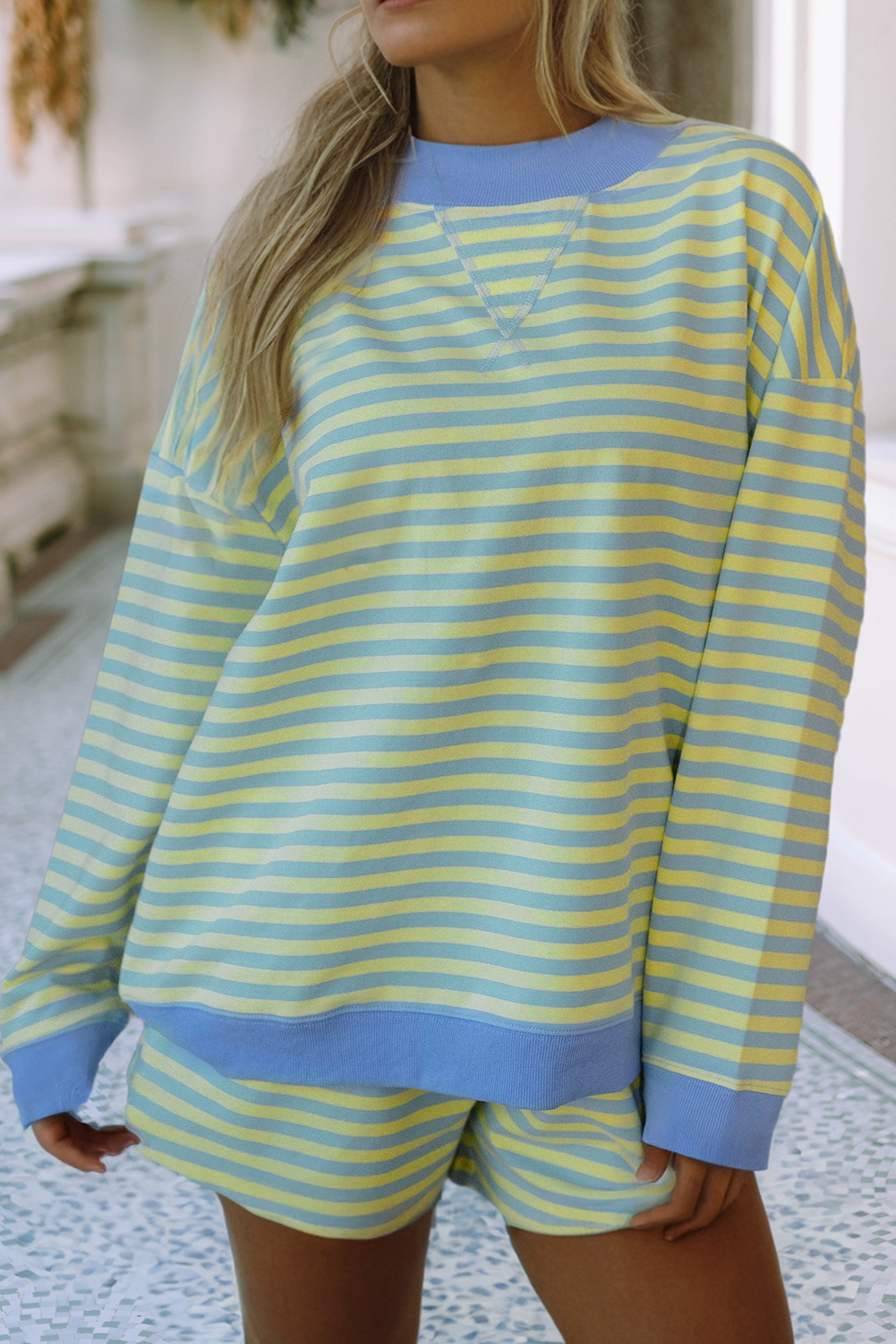 Stripe Colorblock Pullover Elastic Waist Shorts 2pc Set