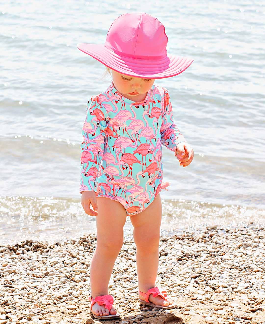 Baby Girls Fab Flamingo Long Sleeve One Piece Rash Guard Swimsuit with Signature Rear Ruffles