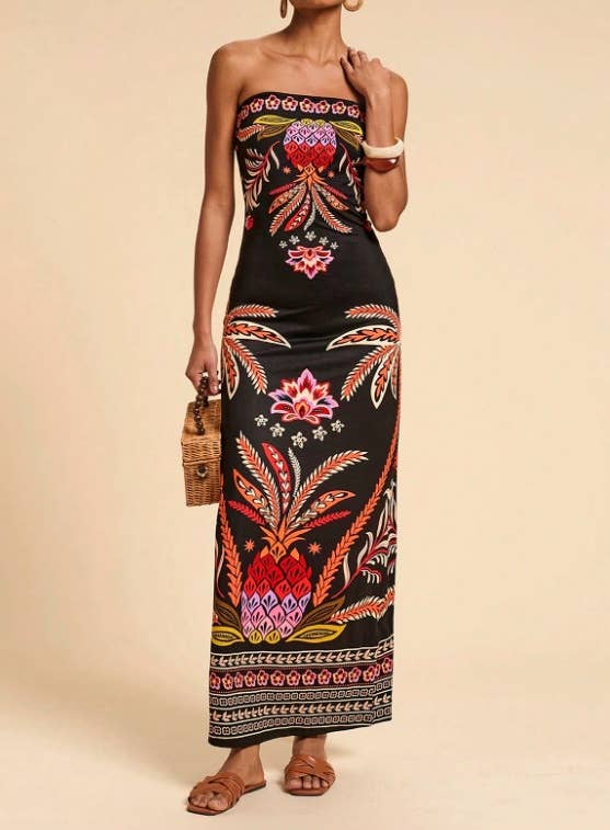 Tropical Floral Print Strapless Maxi Dress Tube Dress