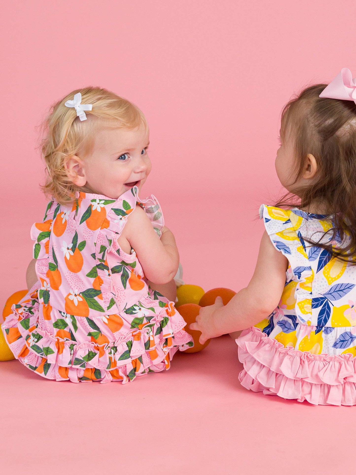 Baby Girls Orange You The Sweetest Sleeveless Waterfall Bubble Romper with Signature Rear Ruffles