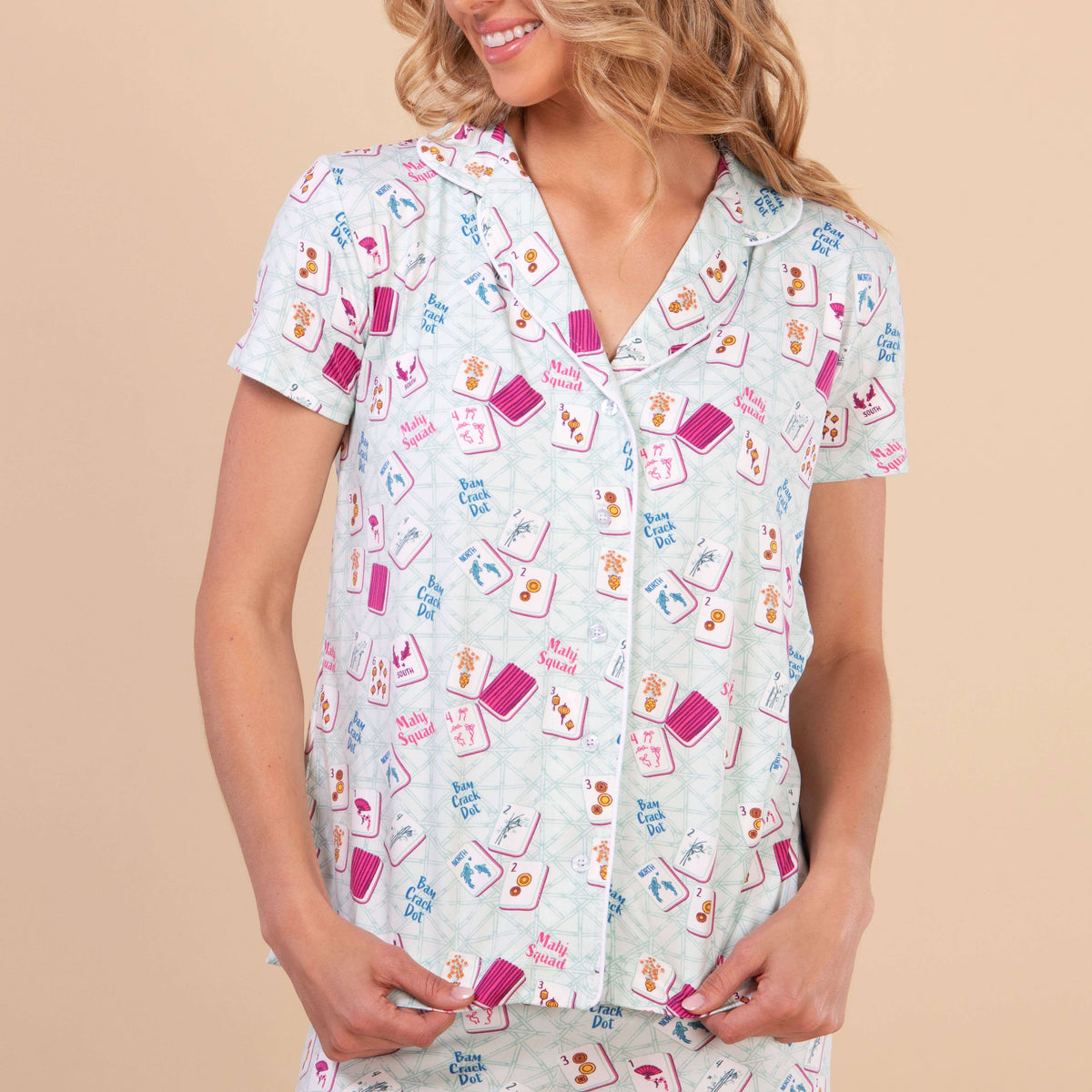 Mahj Squad Pajama Top | Soft Teal Mahjong PJs for Women