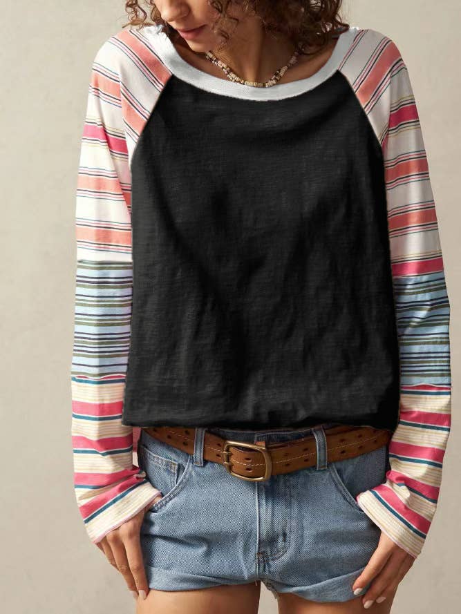 Raglan Sleeve Colorblock Striped Patchwork Top