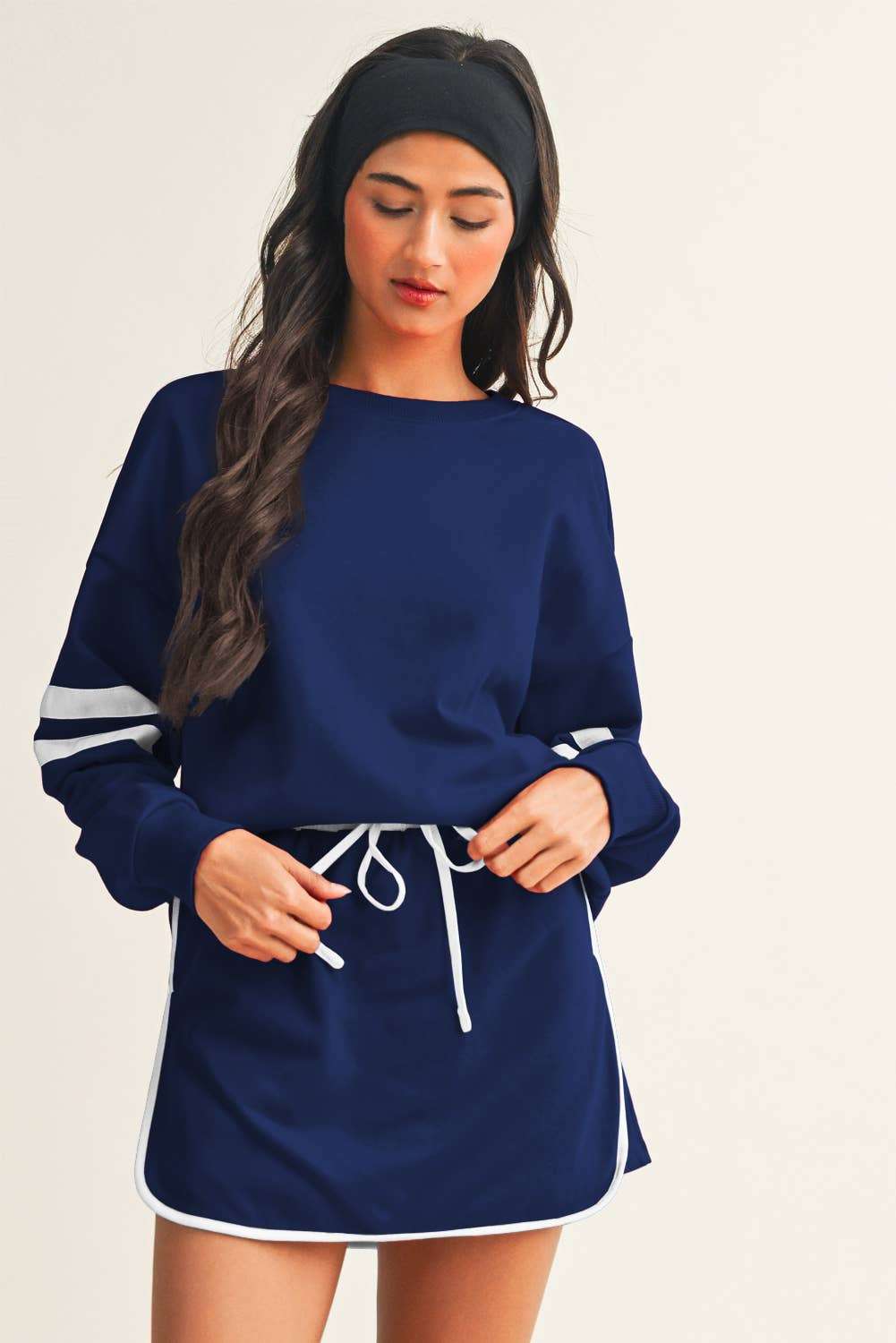 Stripe Detail Drop Shoulder Pullover Mini Skirt Set