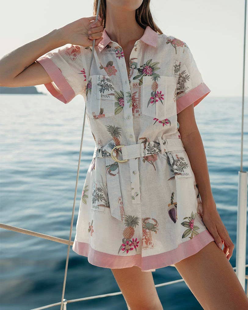 Vacay Elegant Fruit & Floral Belted Romper