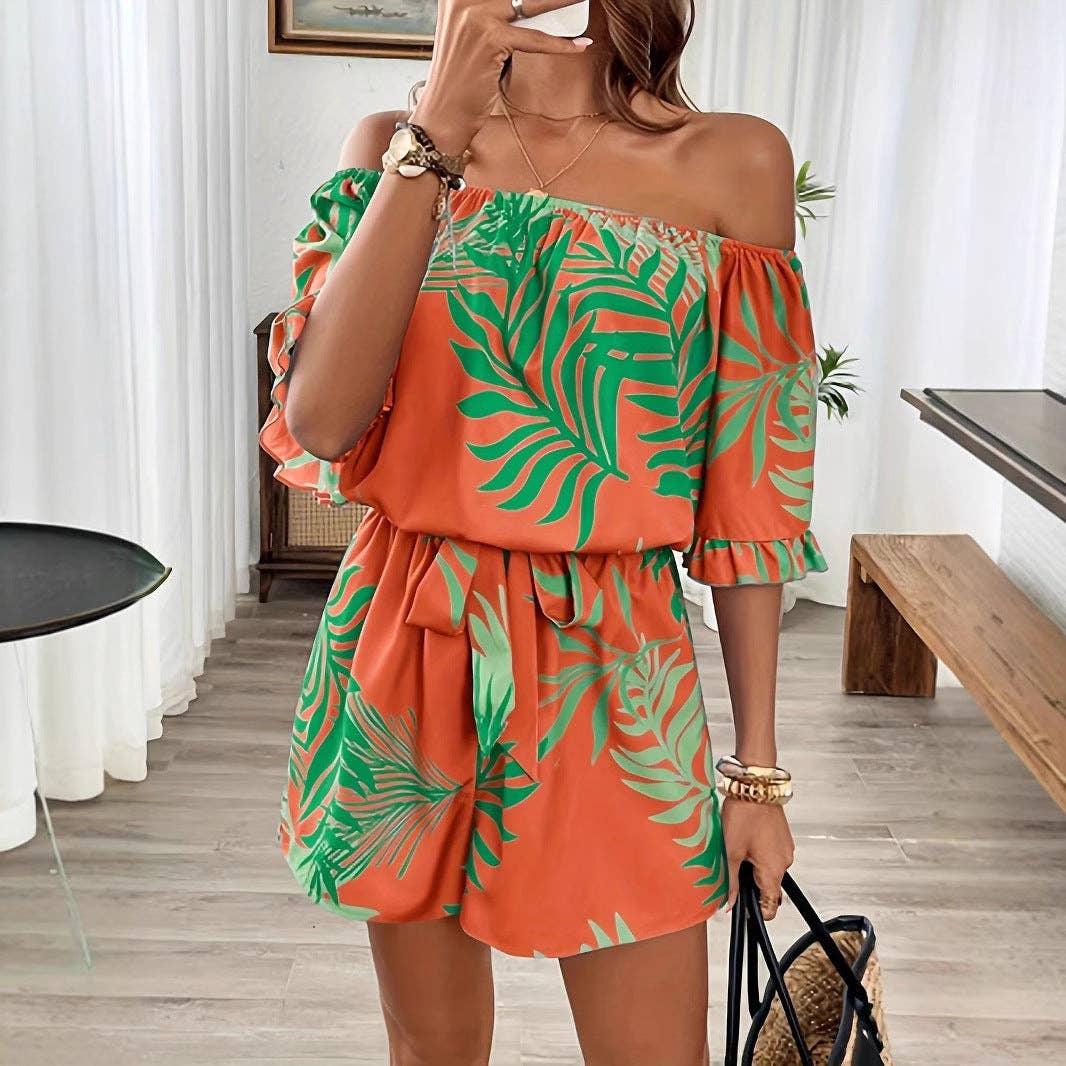 Women's Tropical Print Off Shoulder Ruffle Hem Jumpsuit