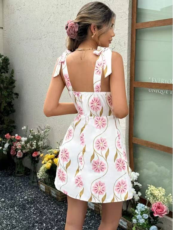 Morning Glory floral print bow straps v-neck mini dress