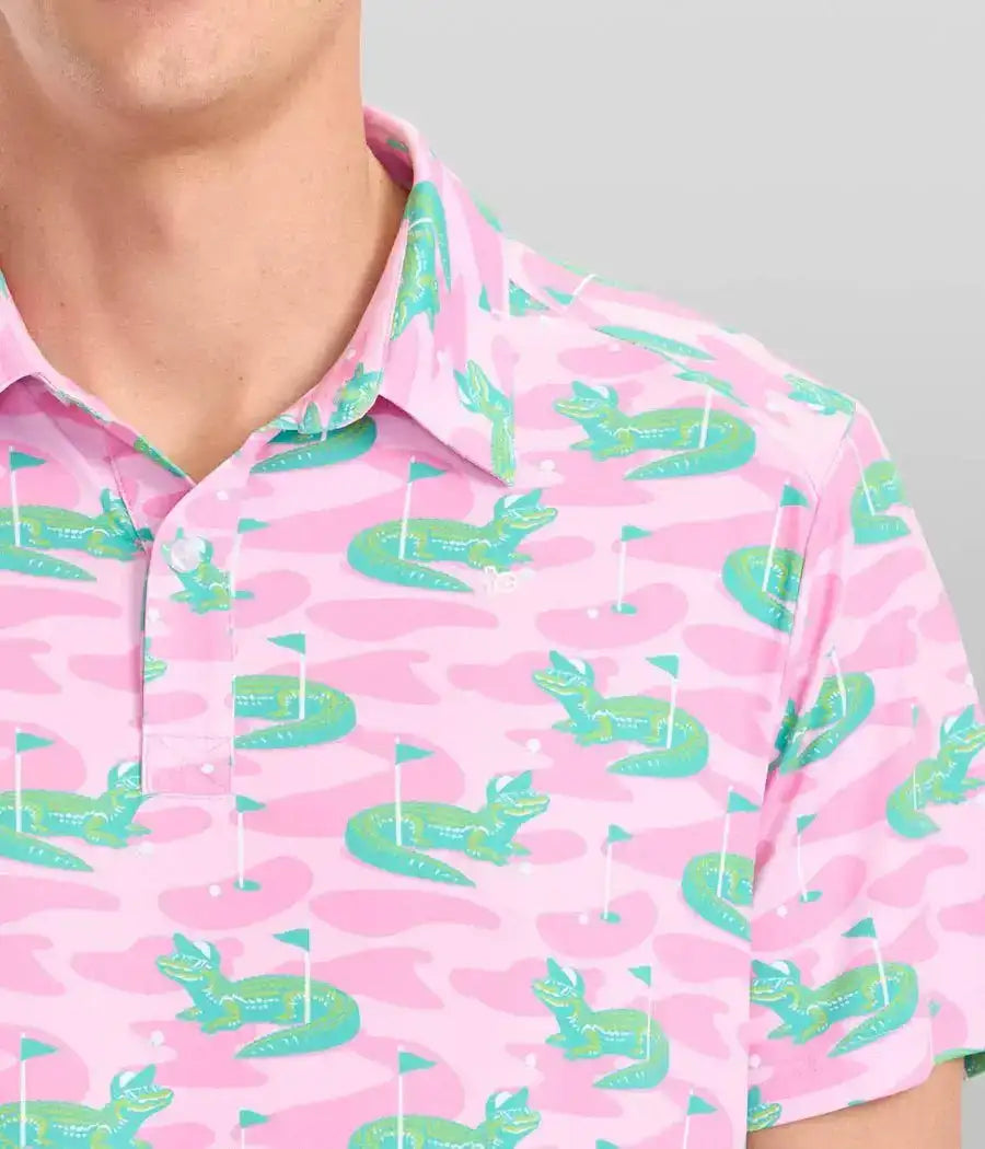 Gator Golfer Pink Men's Golf Polo - Fun Alligator Golf Shirt