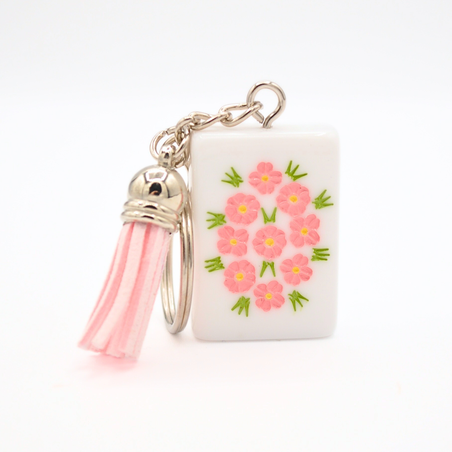 Mahjong Tile Keychain Pink Flowers
