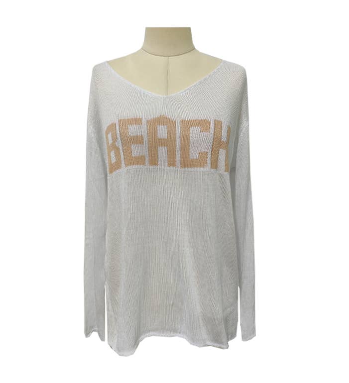 "Beach" Letter Print V-Neck Hollow Knit Blouse