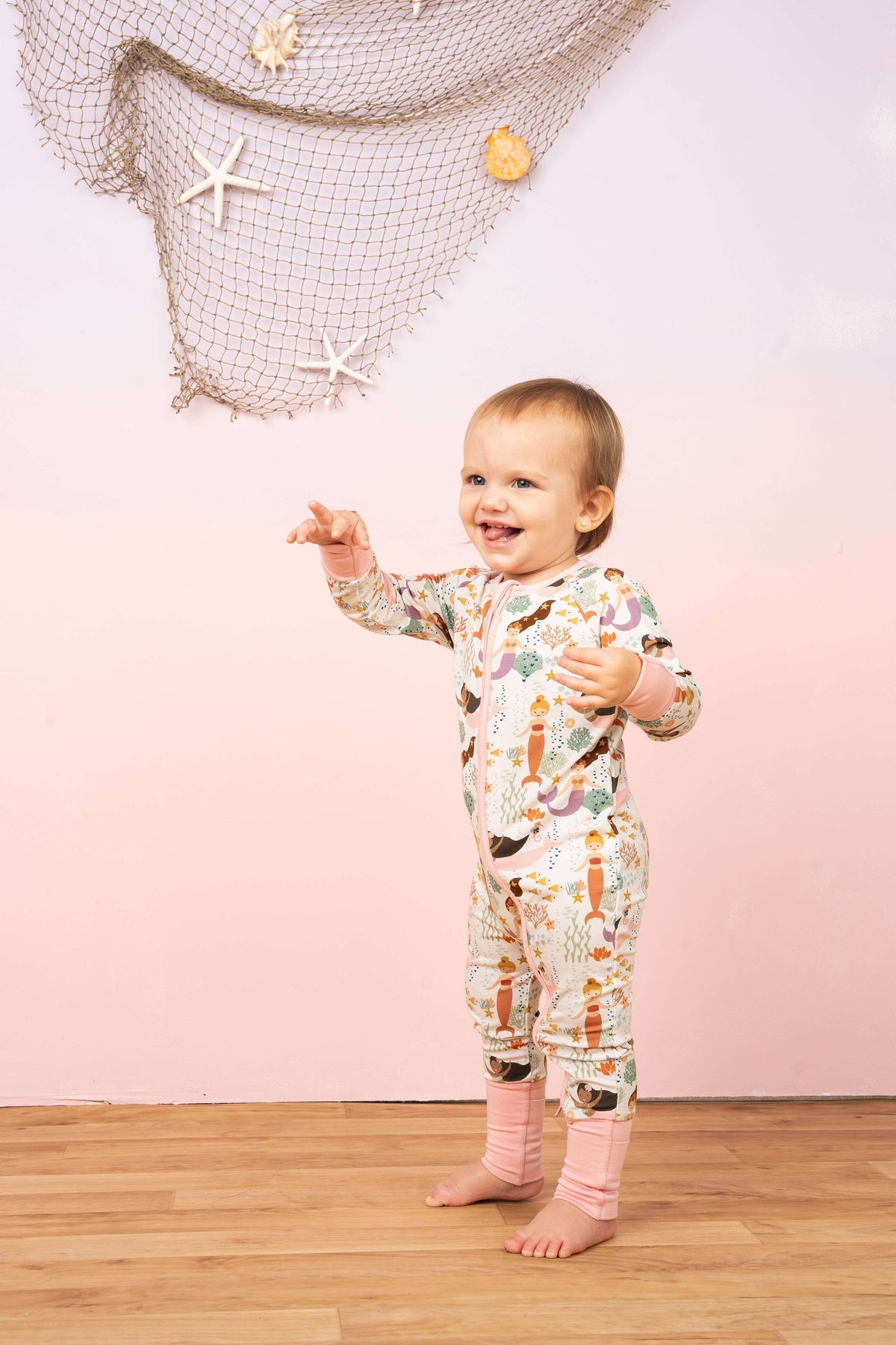 Making Waves Mermaids Coastal Bamboo Baby Pajamas Convertible Romper