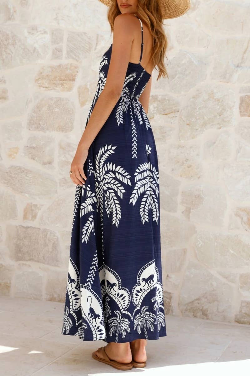 Tropical vacation palm print A-line strappy maxi dress
