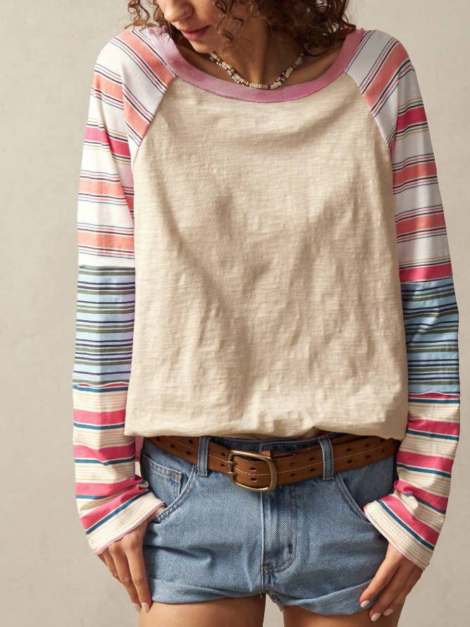 Raglan Sleeve Colorblock Striped Patchwork Top