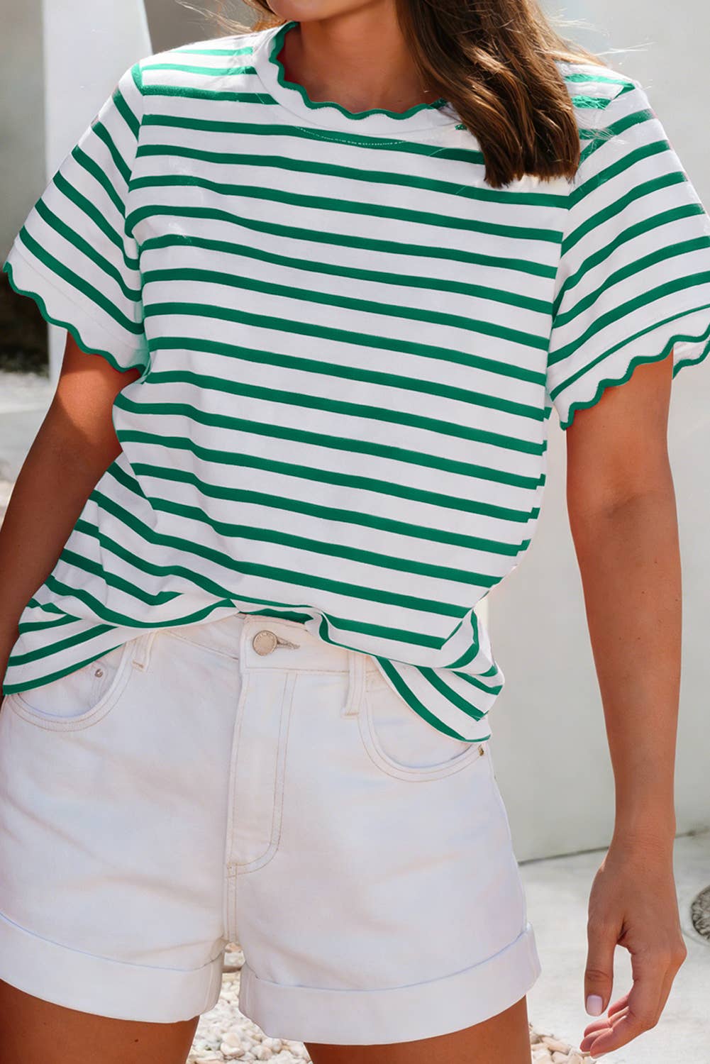 Scalloped Trim Round Neck Stripe T Shirt