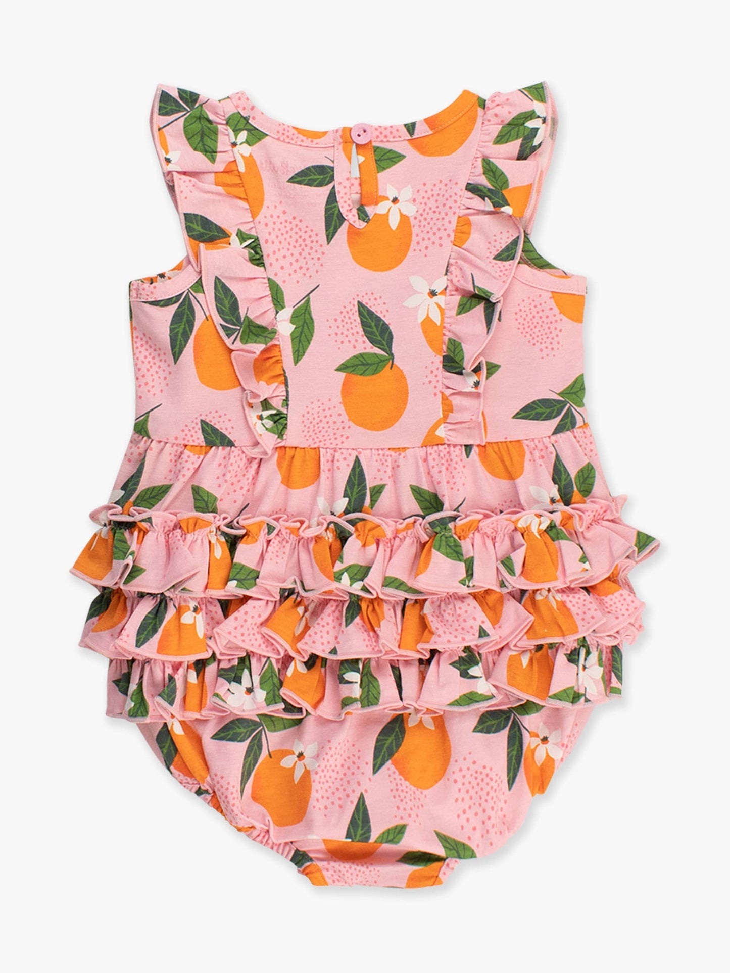 Baby Girls Orange You The Sweetest Sleeveless Waterfall Bubble Romper with Signature Rear Ruffles