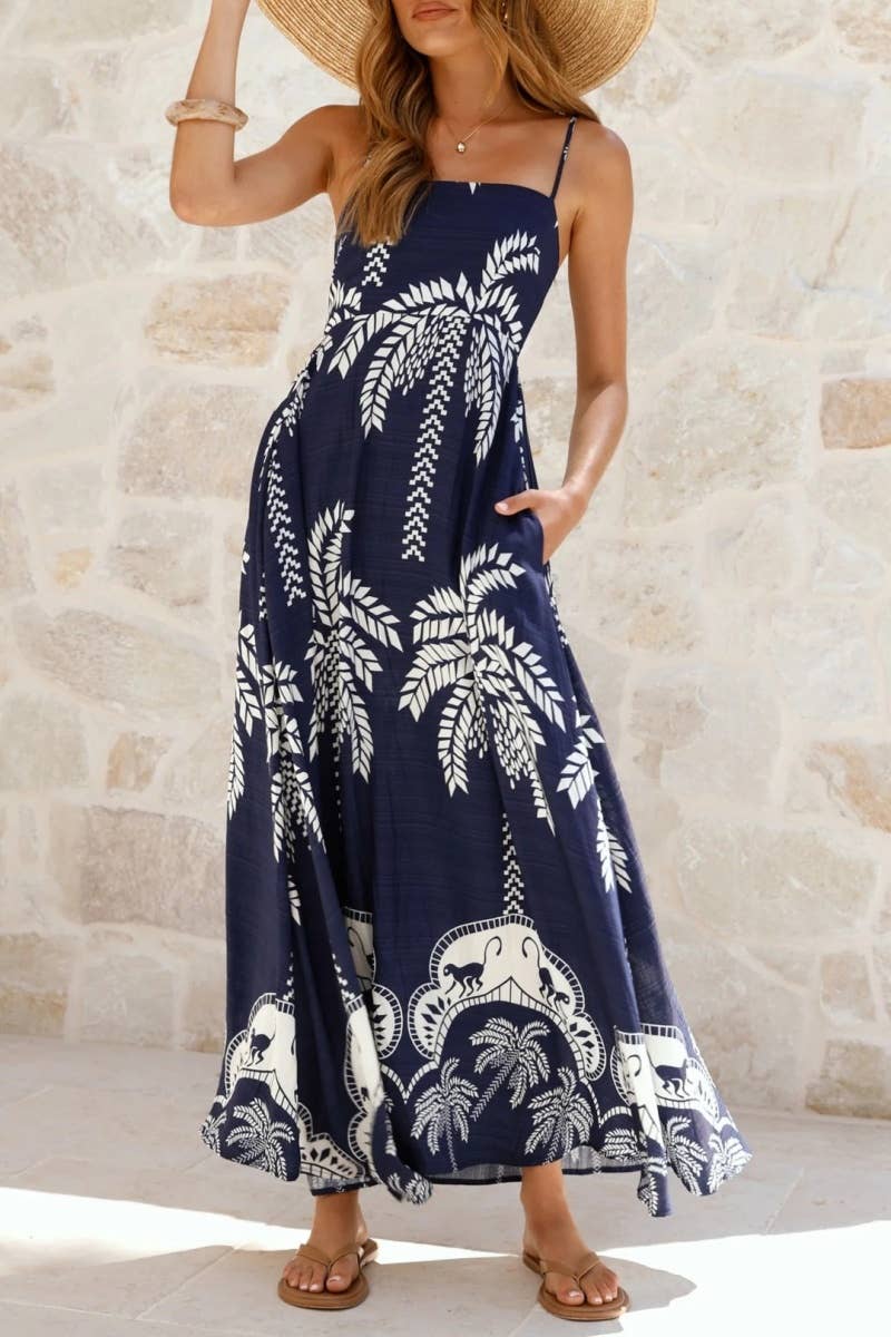 Tropical vacation palm print A-line strappy maxi dress