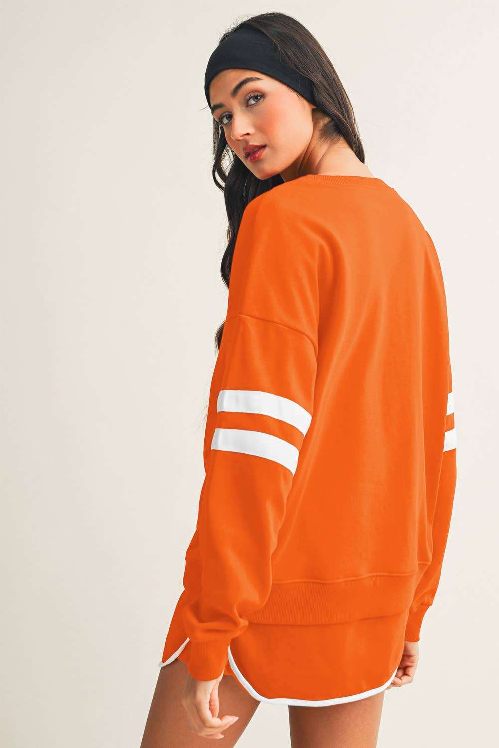 Stripe Detail Drop Shoulder Pullover Mini Skirt Set