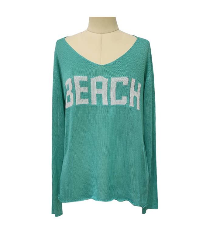 "Beach" Letter Print V-Neck Hollow Knit Blouse