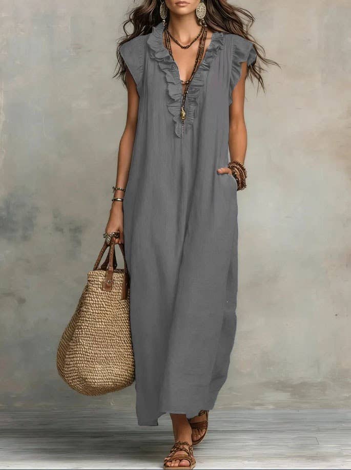 Boho Loose Fit Ruffle Collar Dress with Flutter Cap Sleeves