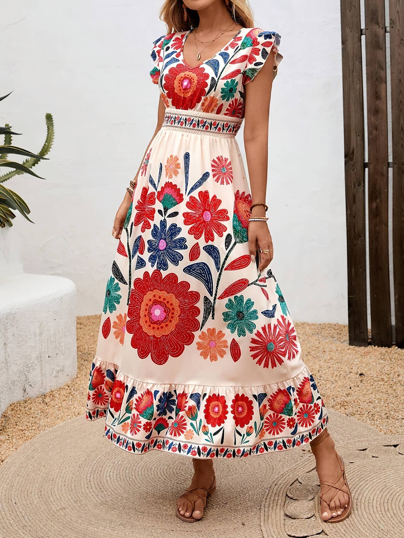 Bohemian V-Neck Ruffled Floral Flowy Vacation Dress