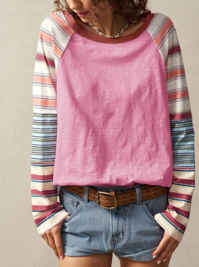 Raglan Sleeve Colorblock Striped Patchwork Top