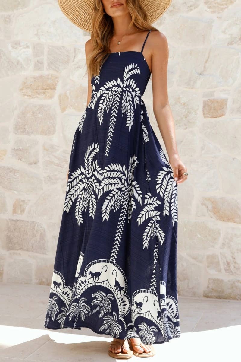 Tropical vacation palm print A-line strappy maxi dress