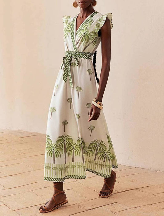 Palm Print Maxi Dress with Flutter Sleeves