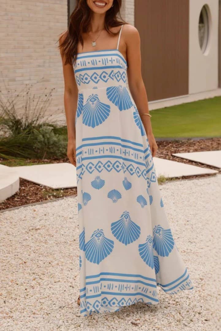 Ocean Inspired scallop print Spaghetti straps maxi dress