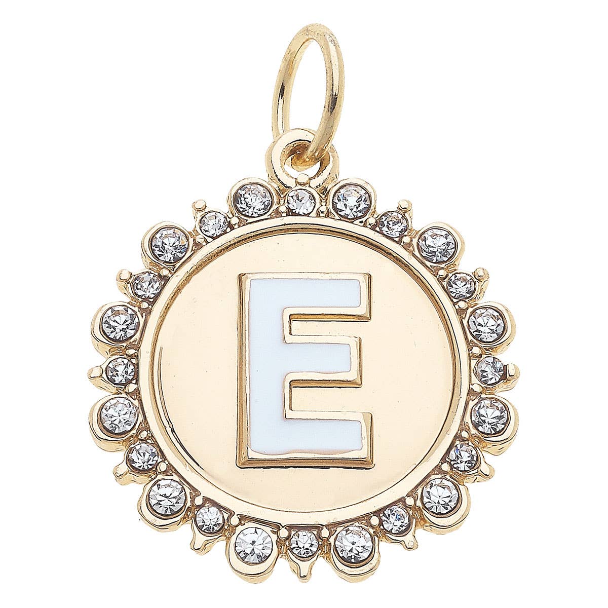 Rhinestone Letter Disc Charm in Shiny Gold