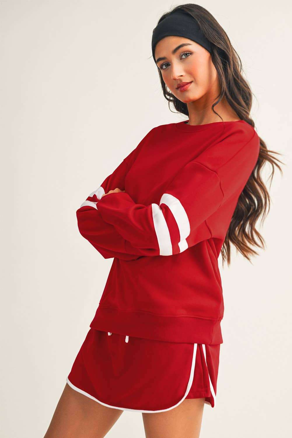 Stripe Detail Drop Shoulder Pullover Mini Skirt Set