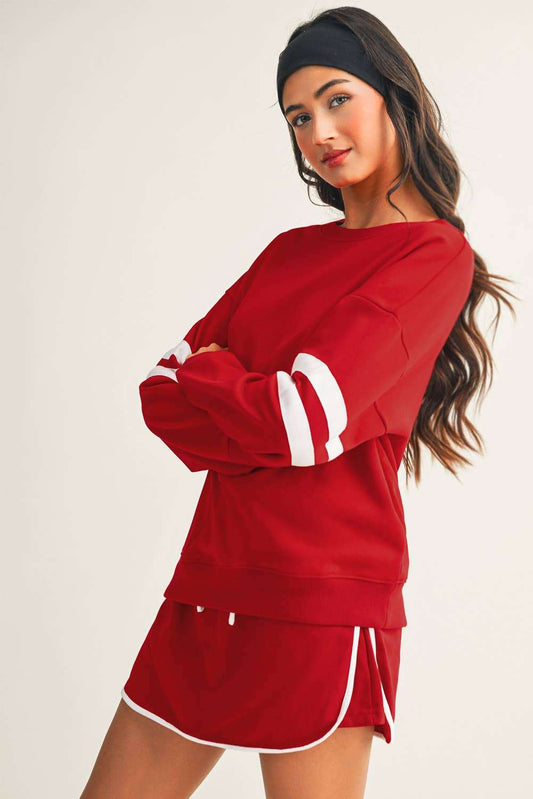 Stripe Detail Drop Shoulder Pullover Mini Skirt Set