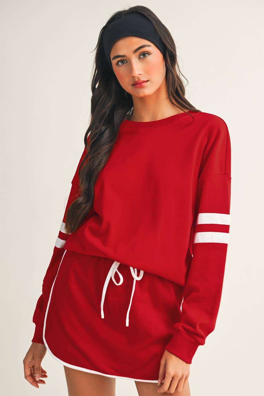 Stripe Detail Drop Shoulder Pullover Mini Skirt Set
