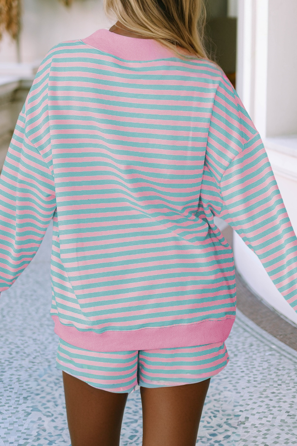 Stripe Colorblock Pullover Elastic Waist Shorts 2pc Set