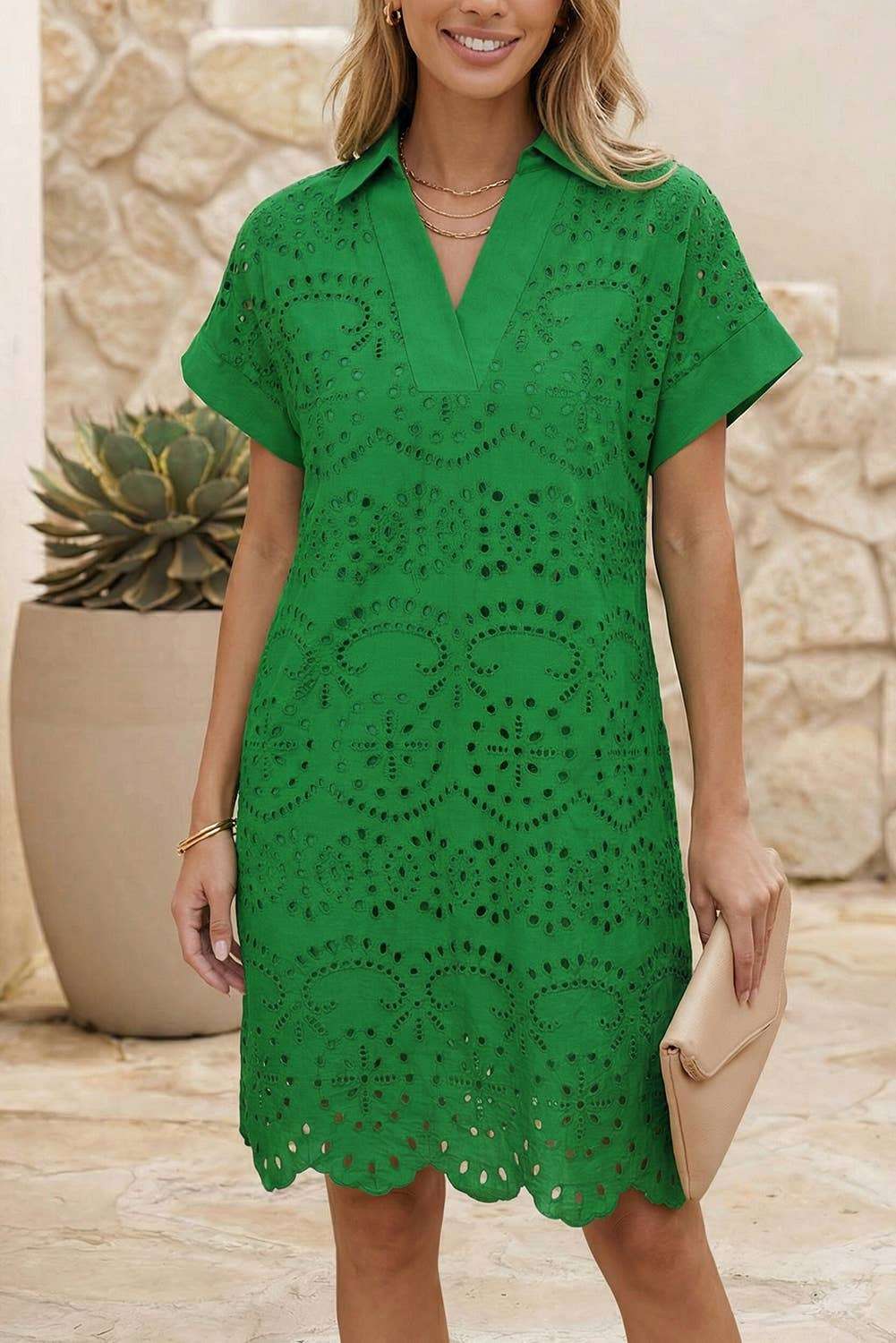 Solid Color Eyelet Embroidered T Shirt Mini Dress