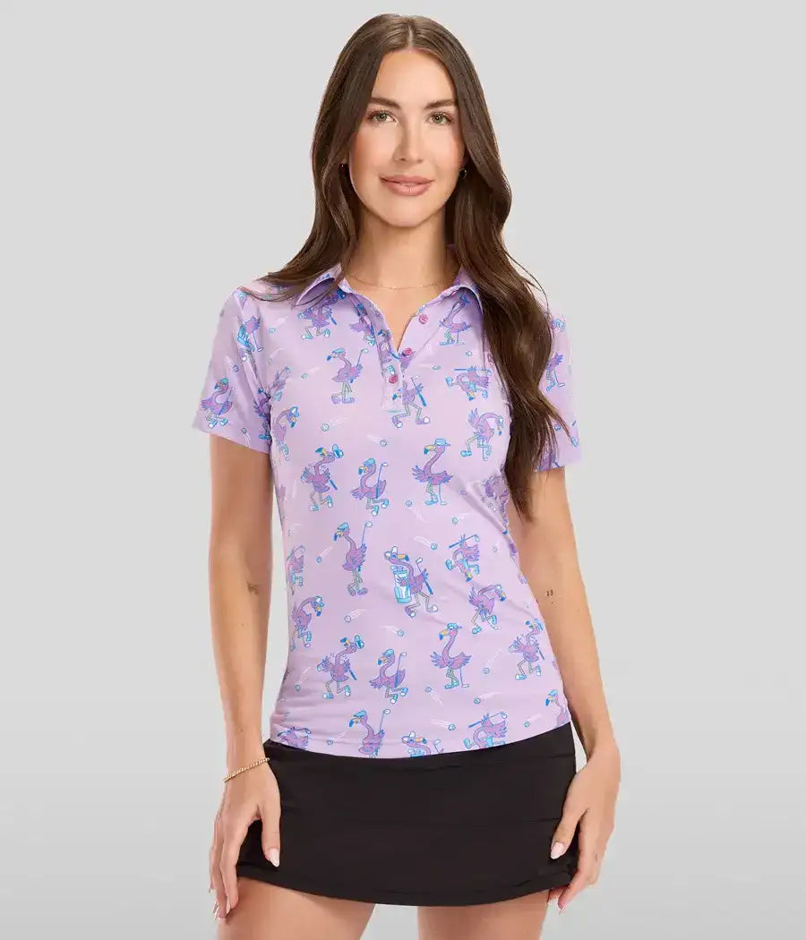 Flamingo Fiasco Women's Golf Polo - Short Sleeve Golf Shirt