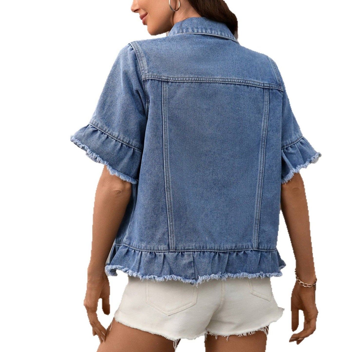 Fringe Hem Three-Quarter Sleeve Lapel Denim Jacket