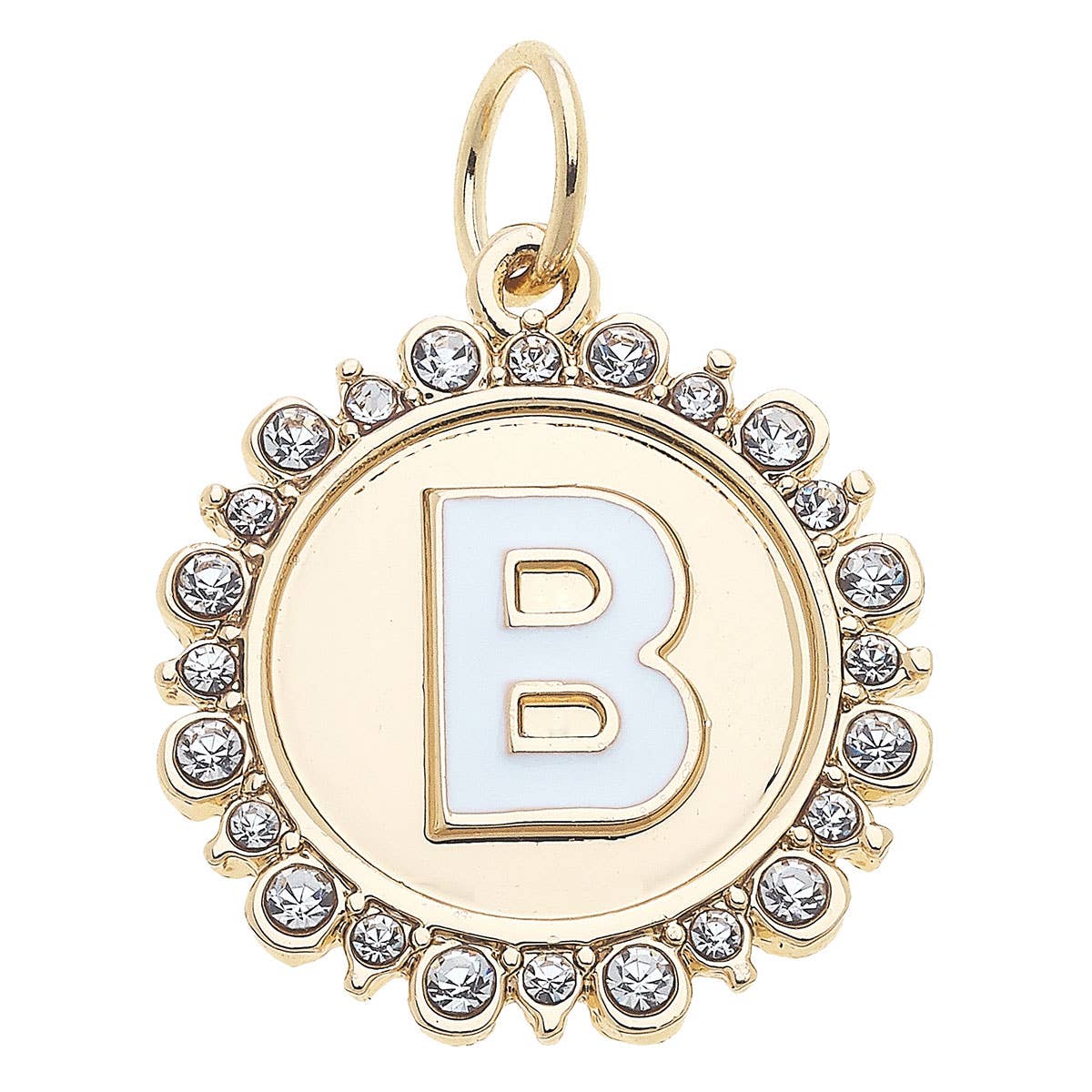 Rhinestone Letter Disc Charm in Shiny Gold