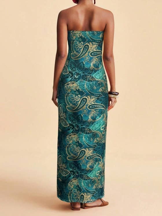 Tropical Floral Print Strapless Maxi Dress Tube Dress